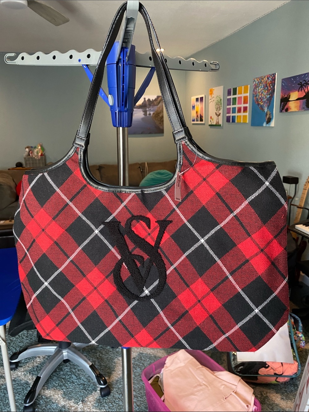 Victoria's Secret Red and Black Plaid Tote with Monogram
